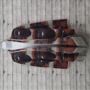 LuckyBrand-Aztec Print Drape Front Fringe Hem L/S Cardigan Size L